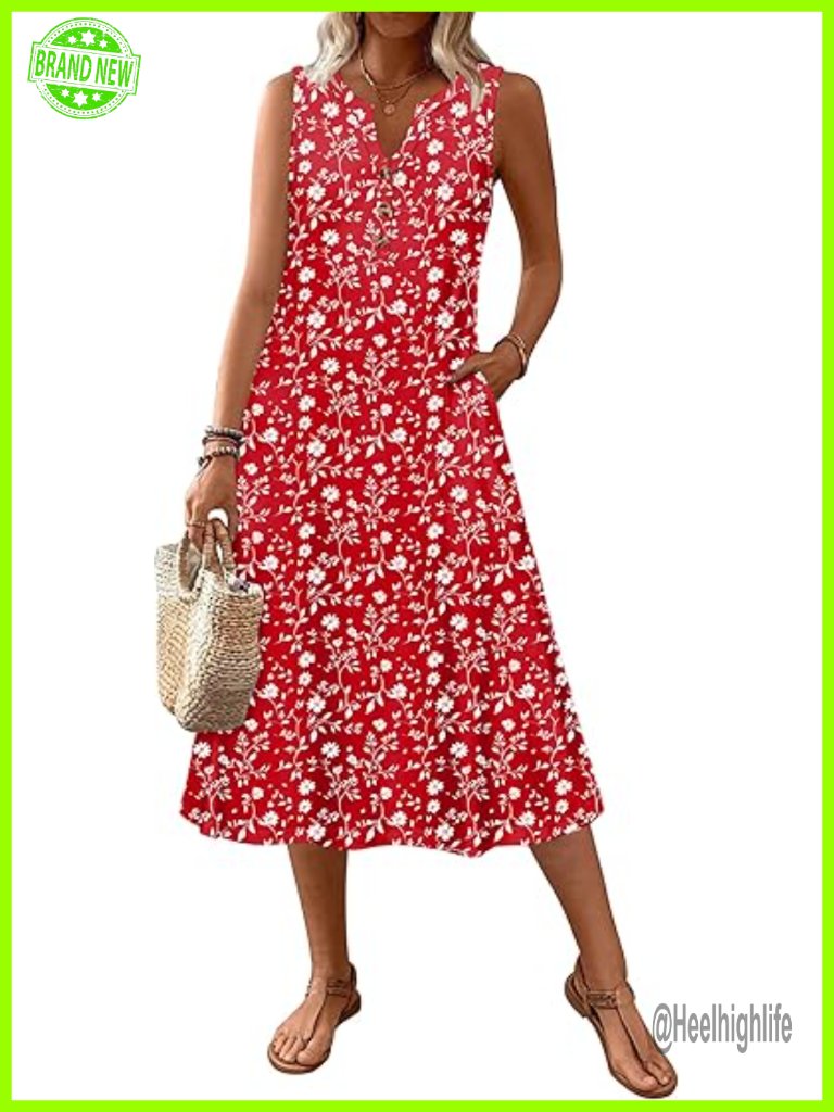 Sleeveless Tank Midi Dress Aline Boho Summer Sundress With Pockets